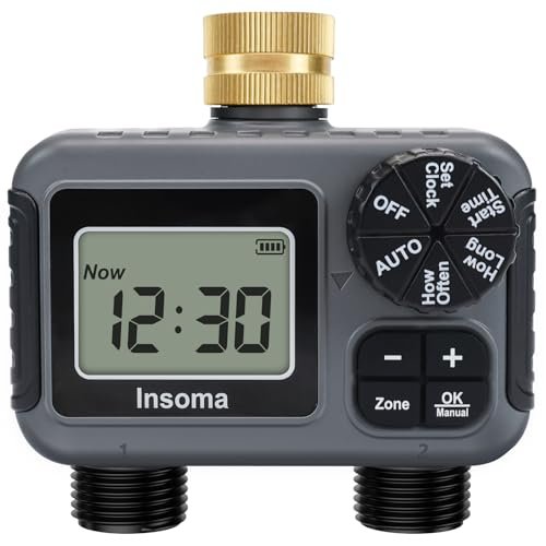 Insoma 2-Zone Hose Timer - Brass Inlet Dual Outlet Sprinkler Timer with Rain Delay/Manual/Auto Modes, 2-Outlet Water Timers