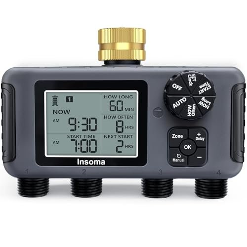 Insoma Water Timer with Brass Inlet, 4 Independent Zones Outdoor Hose Timer for Garden Faucet with Auto/Manual/Rain Delay